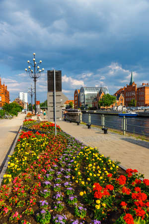 Bydgoszcz, Poland, May 31, 2018: The waterfront on the river Brda with beautiful architecture in...
