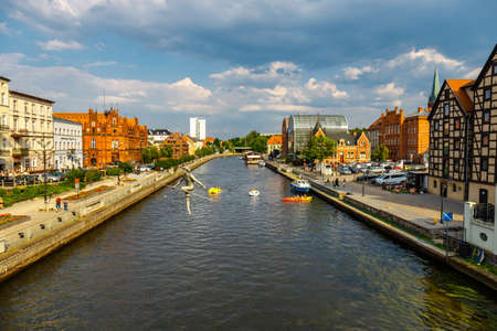 Bydgoszcz, Poland, May 31, 2018: The waterfront on the river Brda with beautiful architecture in Bydgoszcz, Polandのeditorial素材