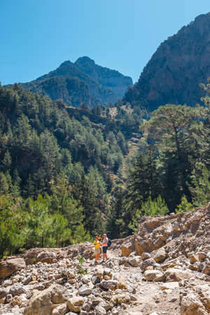 Crete, Greece, May 26, 2016: Tourists hike in Samaria Gorge in central Crete, Greece. The national park is a UNESCO Biosphere Reserve since 1981のeditorial素材