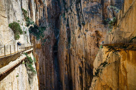Caminito del Rey, Spain, April 04, 2018: Royal Trail also known as El Caminito Del Rey - mountain path along steep cliffs in gorge Chorro, Andalusia, Spainのeditorial素材