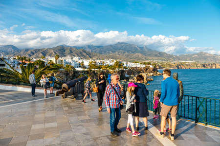 Nerja, Spain, April 03, 2018: Sunny view of Mediterranean sea from viewpoint of Europe's balcony in Nerja, Andalusia province, Spain.のeditorial素材