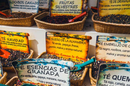 Granada, Spain - April 06, 2018: Andalusian spices in the market in Granada, Spainのeditorial素材