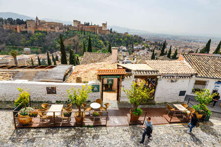 Granada, Spain, April 06, 2018: Traditional arabic architecture of Andalusia, Albaicin Moorish medieval quarter, Granada, Spainのeditorial素材