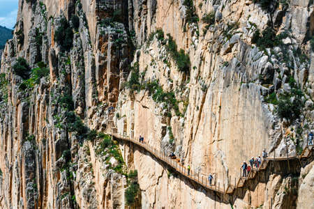 Caminito Del Rey, Spain, April 04, 2018: Visitors walking along the  World's Most Dangerous Footpath reopened in May 2015. Ardales, Spain.のeditorial素材