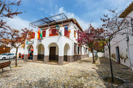Granada, Spain, April 06, 2018: Traditional arabic architecture of Andalusia, Albaicin Moorish medieval quarter, Granada, Spainのeditorial素材