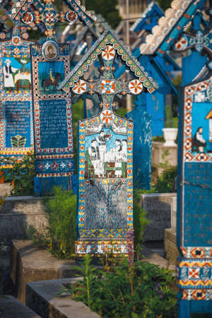 SAPANTA, ROMANIA - 04 JULY, 2015- The merry cemetery of Sapanta, Maramures, Romania. Those cemetery is unique in Romania and in the worldのeditorial素材