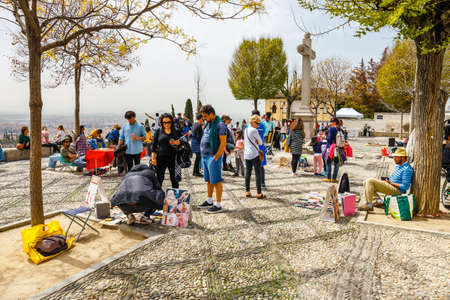 Granada, Spain, April 06, 2018:  Crowded plaza of Saint Nicholas situated in the distric of Albaicin in the Old Town of Granada, Andalusia, Spain.のeditorial素材