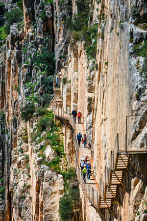 Caminito del Rey, Spain, April 04, 2018: Royal Trail also known as El Caminito Del Rey - mountain path along steep cliffs in gorge Chorro, Andalusia, Spainのeditorial素材