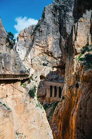 Caminito del Rey, Spain, April 04, 2018: Royal Trail also known as El Caminito Del Rey - mountain path along steep cliffs in gorge Chorro, Andalusia, Spainのeditorial素材