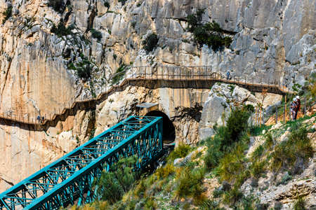 Caminito del Rey, Spain, April 04, 2018: Royal Trail also known as El Caminito Del Rey - mountain path along steep cliffs in gorge Chorro, Andalusia, Spainのeditorial素材