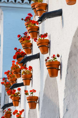 Decorated facade of house with flowers in red potsの写真素材
