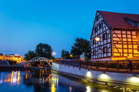 Bydgoszcz, Poland, May 31, 2018: The waterfront  with famous granaries at night in Bydgoszcz, Polandのeditorial素材