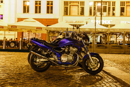 Bydgoszcz, Poland, May 31, 2018: motorbikes parked on the Old town in Bydgoszcz, Polandのeditorial素材