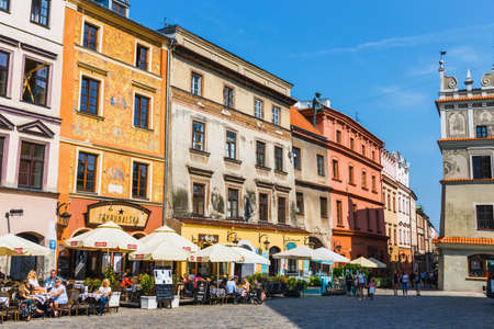 Lublin, Poland, September 01, 2018: Historic tenements and outdoor restaurants in the old town in Lublin, Poland.のeditorial素材