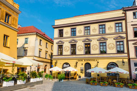 Lublin, Poland, September 01, 2018: Historic tenements and outdoor restaurants in the old town in Lublin, Poland.のeditorial素材