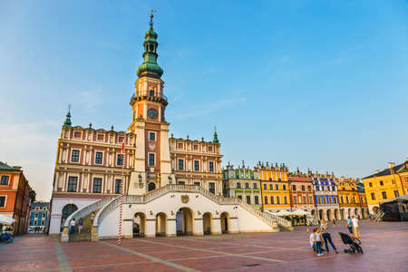 Zamosc, Poland - September 01, 2018: Great Market Square. Great example of a Renaissance town in Central Europe, founded in 1580 by the Jan Zamoyskiのeditorial素材