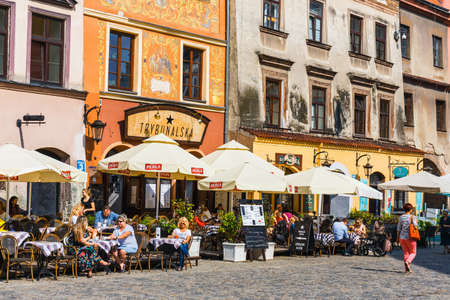 Lublin, Poland, September 01, 2018: Historic tenements and outdoor restaurants in the old town in Lublin, Poland.のeditorial素材