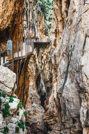 Caminito del Rey, Spain, April 04, 2018: Royal Trail also known as El Caminito Del Rey - mountain path along steep cliffs in gorge Chorro, Andalusia, Spainのeditorial素材
