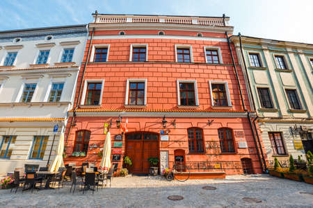 Lublin, Poland, September 01, 2018: Historic tenements and outdoor restaurants in the old town in Lublin, Poland.のeditorial素材