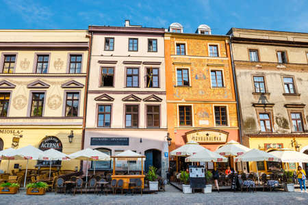 Lublin, Poland, September 01, 2018: Historic tenements and outdoor restaurants in the old town in Lublin, Poland.のeditorial素材