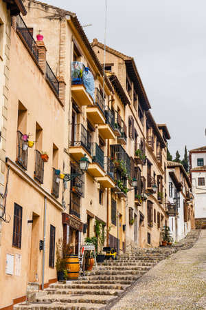 Granada, Spain, April 06, 2018: Street view of the historic district of Albaicin in Granada, Andalusia, Spainのeditorial素材