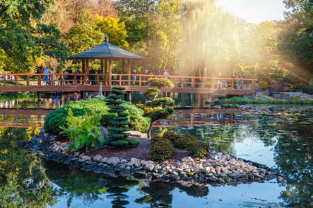 Wroclaw, Poland, October 06, 2018: group of unknown people relax in the Japanese garden in Wroclaw, Polandのeditorial素材