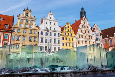 Morning scene with fountain on Wroclaw Market Square, Polandのeditorial素材