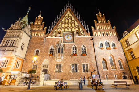 Wroclaw, Poland, October 06, 2018: Night scene on Wroclaw Market Square with Town Hall, Polandのeditorial素材