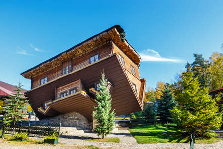 Szymbark, Poland - October 12, 2018: Exterior of wooden upside down house in Szymbark villageのeditorial素材