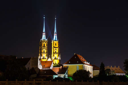 Night view of cathedral of saint john the baptist in Wroclaw, Polandの写真素材