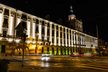 view of the university building in Wroclaw at night, Polandのeditorial素材