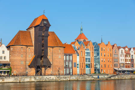 Sunny day at embankment of Motlawa river in historical part of Gdansk, Polandのeditorial素材