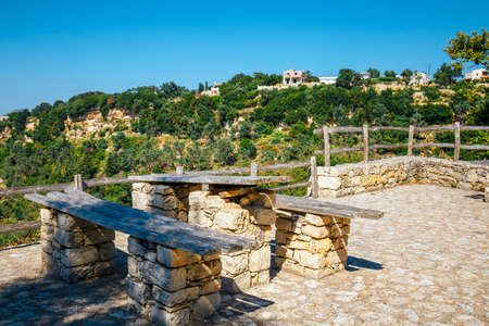 old vintage bench in the interior of Crete in Greeceの写真素材