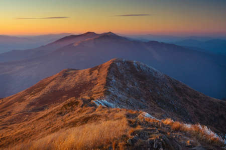 Sunset over Bieszczady Mountains, south east Polandの写真素材