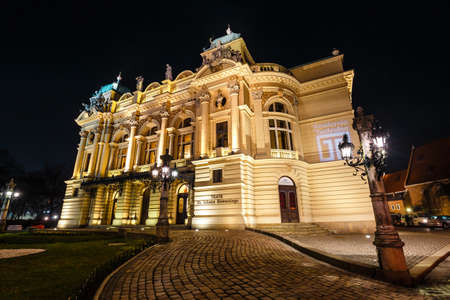 Krakow, Poland, February 16, 2019: The Juliusz Slowacki Theater in the Old Town district in Krakow by night, Polandのeditorial素材