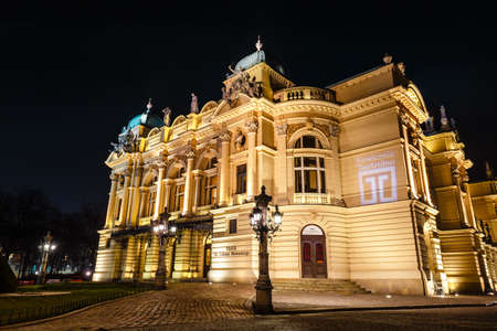 Krakow, Poland, February 16, 2019: The Juliusz Slowacki Theater in the Old Town district in Krakow...