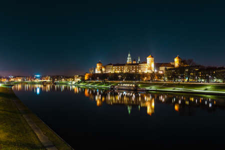 Wawel hill with royal castle at night. Krakow is one of the most famous landmark in Polandのeditorial素材