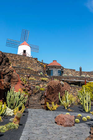 Windmill on blue sky background in cactus garden, Guatiza village, Lanzarote, Canary islandsの写真素材