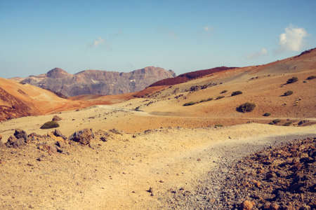 hiking path to the summit towards sandy Montana Blanca, Teide National Park, Tenerife, Canary Islands, Spainの写真素材