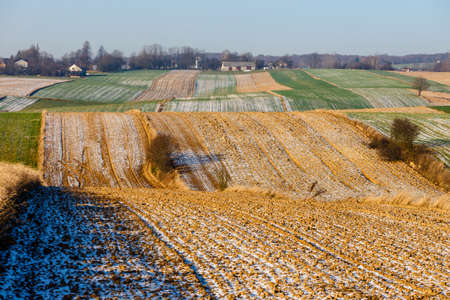 cultivated agricultural fields as abstract pattern in autumn sunset. Colorful countryside patchworkの写真素材