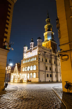 historical city hall in Poznan by night, Polandの写真素材