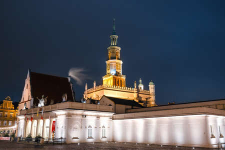 historical city hall in Poznan by night, Polandの写真素材