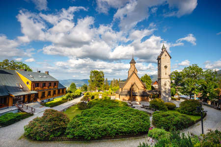 Old wooden norwegian temple Wang in Karpacz, southern Polandの写真素材