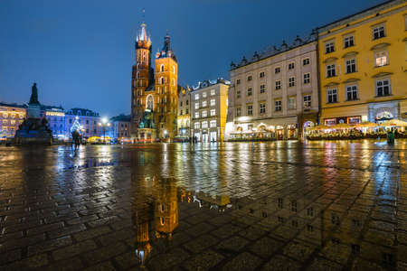 Krakow, Poland, January 22, 2020: Old Town of Krakow at dusk in Poland, Main Market Squareのeditorial素材