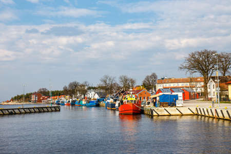 Poland, Mrzezyno - April 05, 2019: Rega River estuary in Mrzezyno town on the Baltic Sea coastのeditorial素材