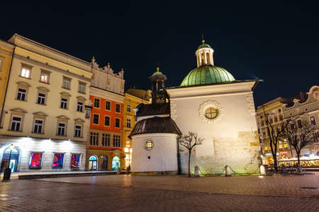 Krakow, Poland, February 16, 2019: Church of St. Wojciech at the Main Market Square, night viewのeditorial素材