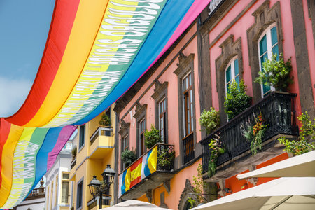 Arucas, Gran Canaria, Spain. 19July, 2022: the phrase "los derechos humanos no se negocian" on banners in the form of a long flagのeditorial素材
