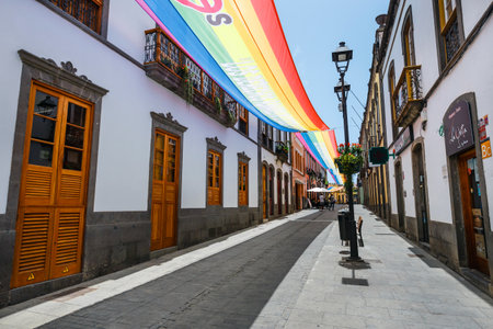 Arucas, Gran Canaria, Spain. 19July, 2022: the phrase "los derechos humanos no se negocian" on banners in the form of a long flagのeditorial素材