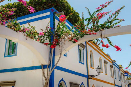 historic center of puerto de mogan with lots of bougainvillea flowers, Canary Islandの写真素材