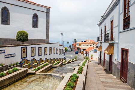Firgas, Gran Canaria, Spain, July 19, 2022: famous Paseo de Canarias street on Firgas, Gran Canaria, Canary Islands, Spainfamous Paseo de Canarias street on Firgas, Gran Canaria, Canary Islands, Spainのeditorial素材